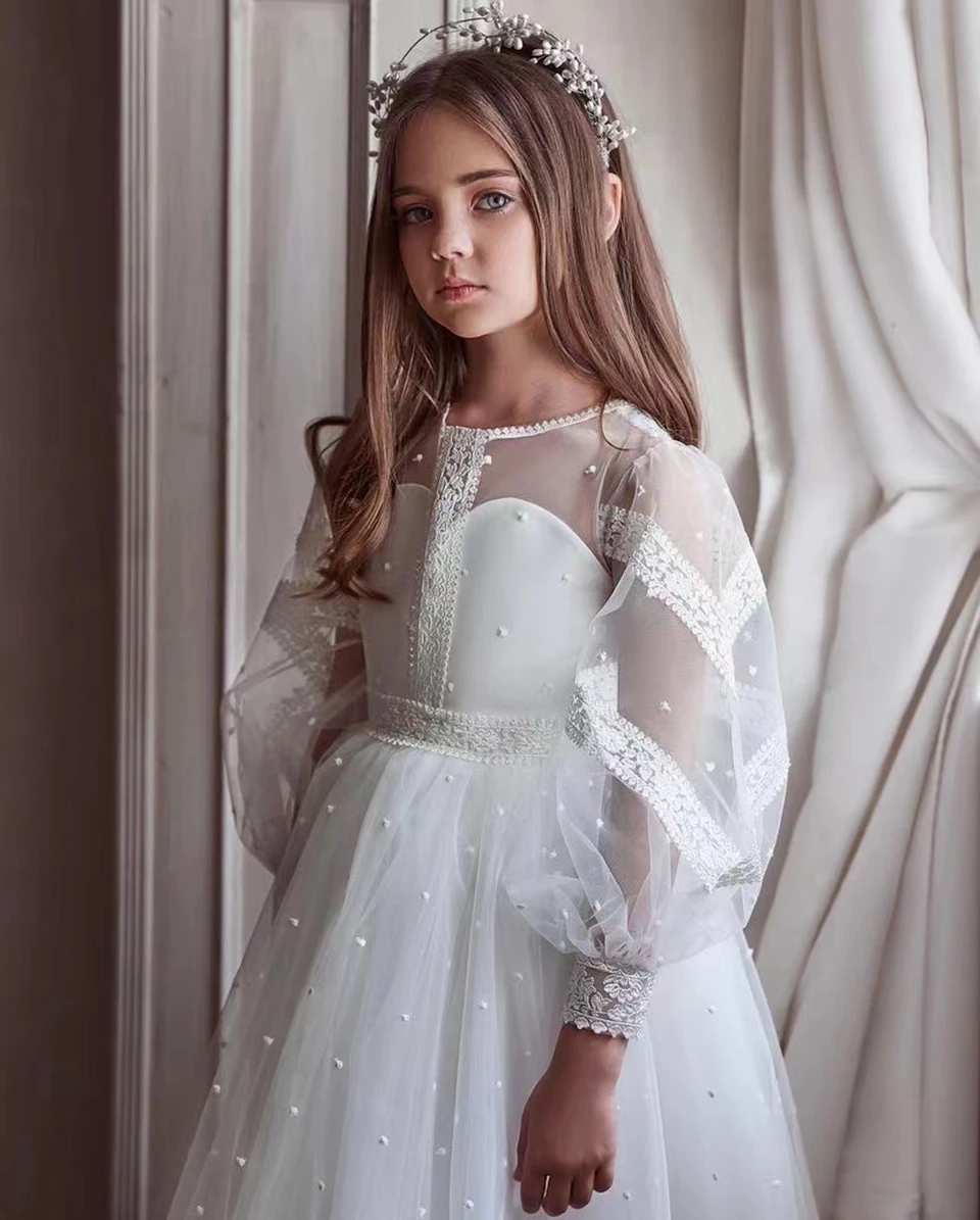 ที่กําหนดเองดอกไม้สําหรับงานแต่งงานลูกไม้ Appliques แขนยาวเด็กชุดราตรี Gowns First Communion Dress