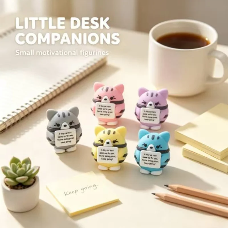 5-Piece Set Cute Cat Statues, Desktop Decorations, Car Accessories, Christmas Gifts, Includes Positive Language Cards