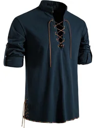 Men's Pure Cotton Retro Lace Up Shirts, Renaissance Pirate Viking Medieval Style, T-shirt for daily leisure and Halloween stage