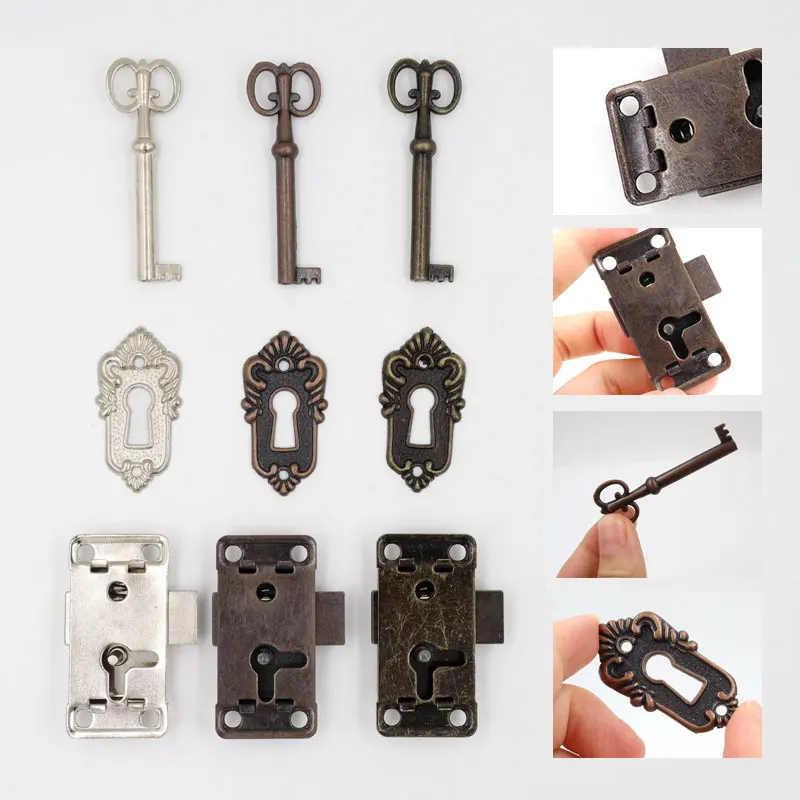 Antique Iron Door Lock Drawer Jewelry Wood Box Cabinet Wardrobe Cupboard Door Lock + Key Furniture Hardware