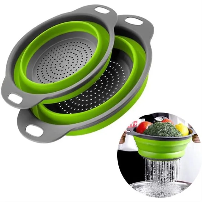2 Pack Collapsible Colander Set, Foldable Strainers for Kitchen with Base and Handles for Pasta, Fruit, Vegetables