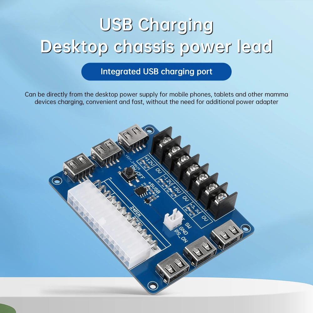 20/24pin ATX Power Supply Breakout Board 5V/2A USB Charging Desktop Chassis Power Supply Adapter Board Support 12V 5V 3.3V