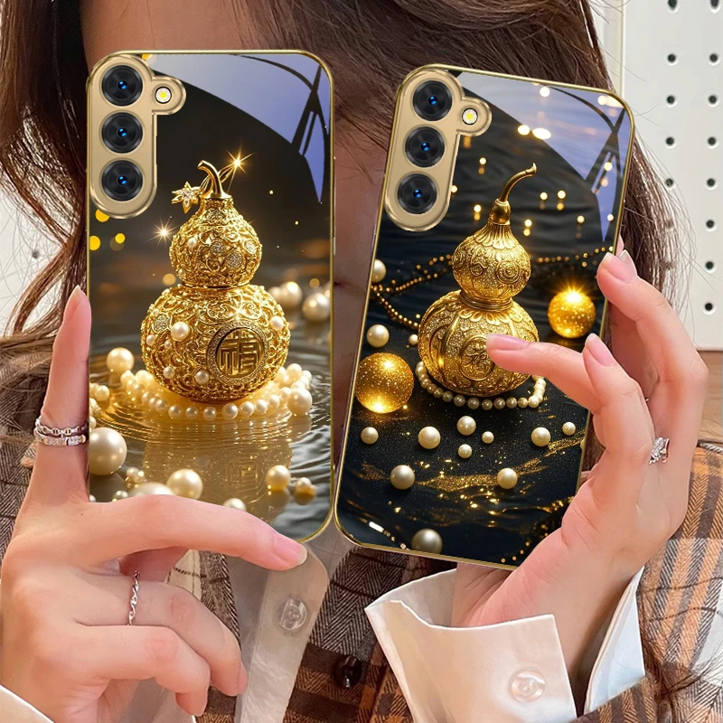 Golden Diamond Gourd For Samsung Galaxy S20 FE S21 S22 S23 Plus S24 Ultra 25Ultra S21+ S9+ S22Plus Golden glass phone case