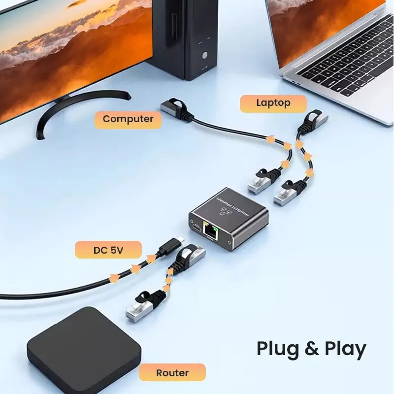 Divisor ethernet rj45 de 1000mbps, 1 a 2 saídas, divisor de rede com cabo de alimentação usb, adaptador divisor de internet rj45, 1000mbps