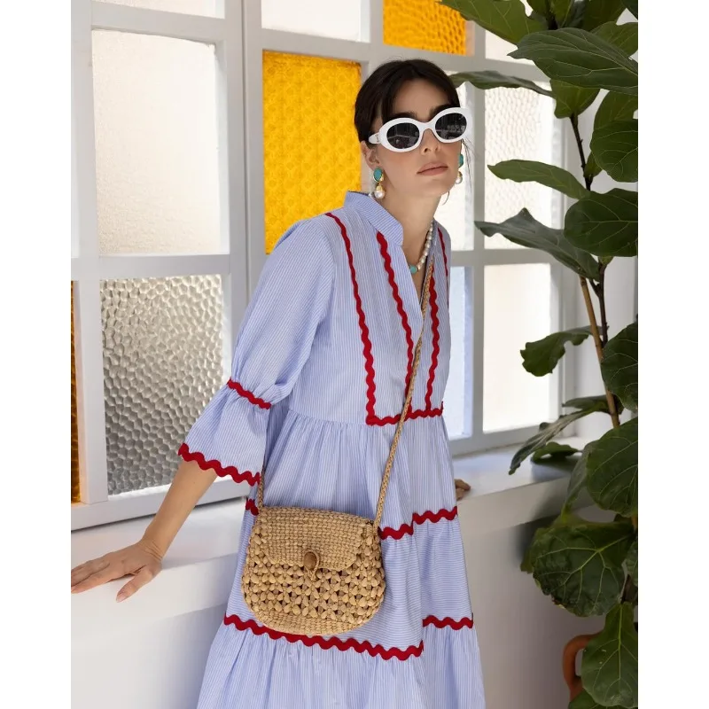 Sommer Frauen Lose Böhmischen Strand Kleid Elegante V-ausschnitt Geraffte Flowy Plissee Urlaub Urlaub Boho A-linie Langes Kleid