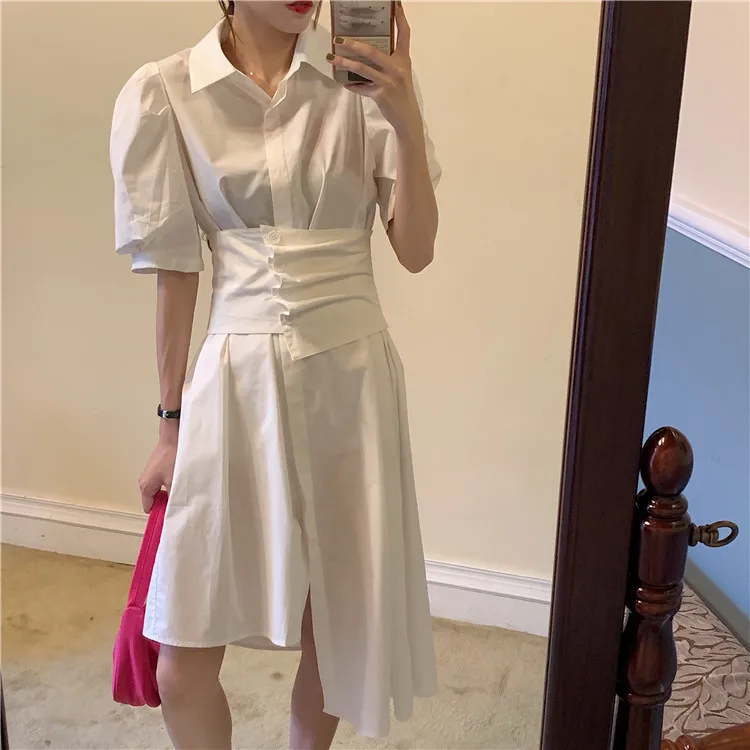 

Summer new style lapel irregular bubble sleeve dress women