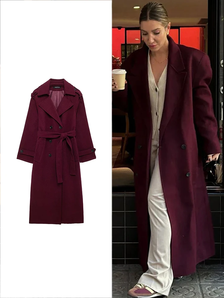 TRAF Women's Fashion Burgundy Wool Coat Elegant Belt Lapel Double-breasted Lady Coat Autumn and Winter Vintage Street Coat