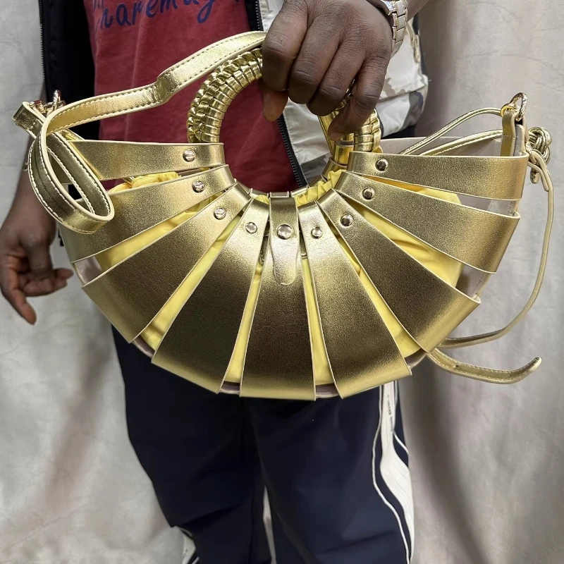 

Trendy Fashionable PU Leather Half Moon Bag Women's Woven Hollow Out Design Round Handle Handbag with Drawstring Inner Pocket.