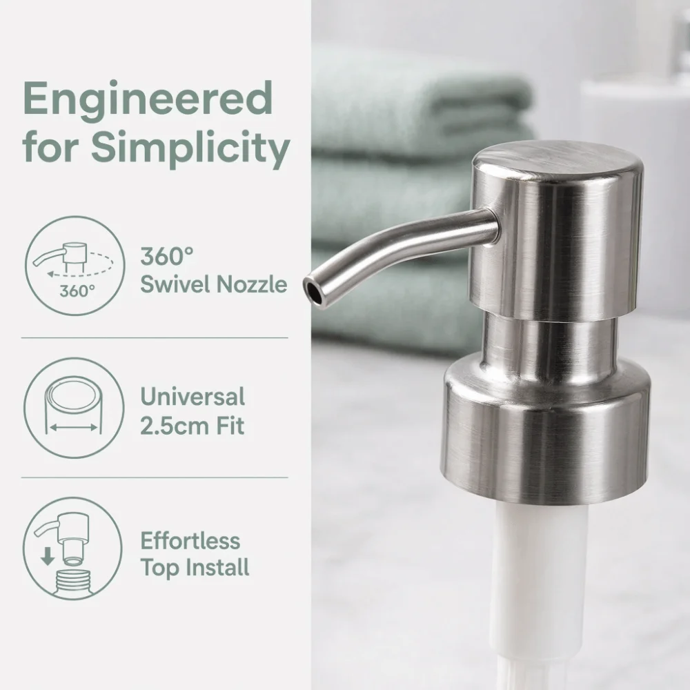 304 Stainless Steel Soap Dispenser Pump Head Rust Proof Silver Pump Head Rotatable 25mm Bottle Neck Bottle Pump Replacement