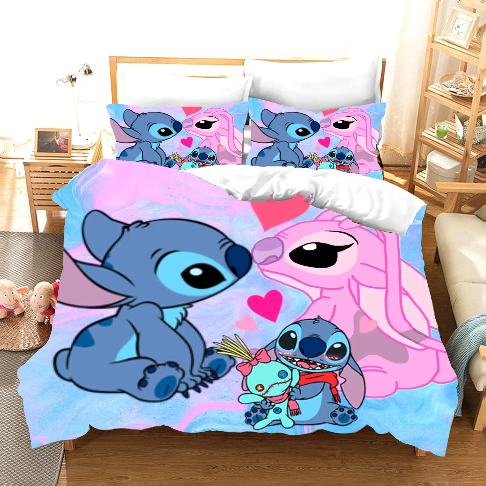 Disney Children Bed Linen,Lilo Stitch Bedding Set,Cartoon Anime Bed Linen,Duvet Cover and Pillowcase