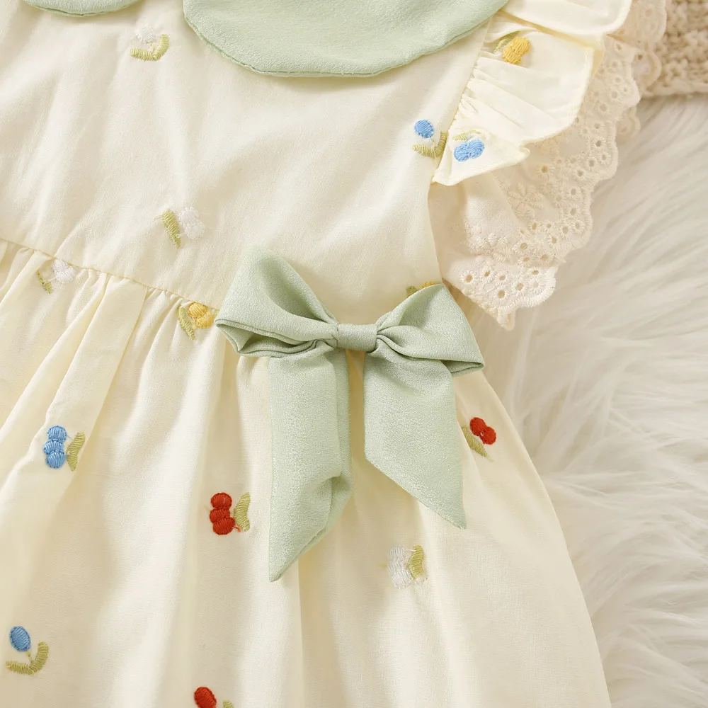 Summer Girls 0-3 Year Old Dress Girl Baby Full of Embroidered Lapel Two Bow Ties Lace Small Flying Sleeves Princess Dress