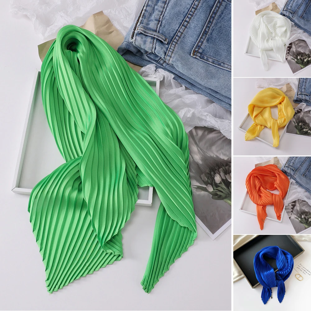 

Women Square Scarf Skinny Ribbon Head Neck Small Pleated Hair Tie Band Kerchief Satin Scarves Headscarf Neckerchief Bandana