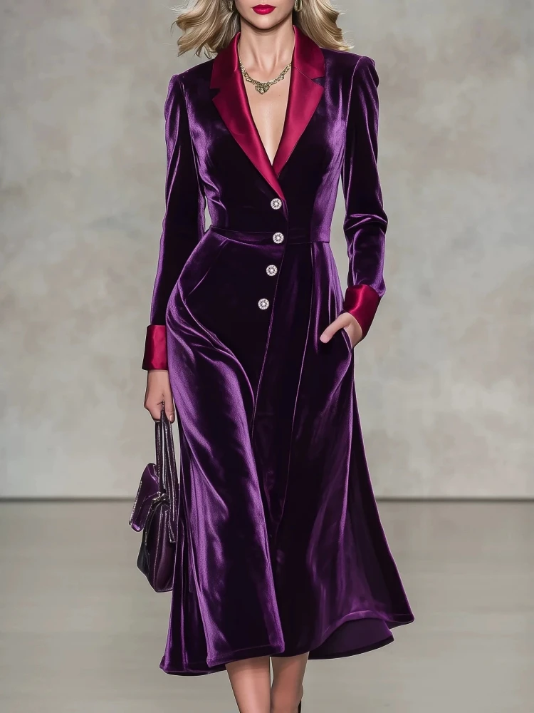Elegant Velvet Dress for Women Satin Contrast Lapel Blazer Style Long Sleeve Button A-line Midi Dress Formal Evening Party Dress