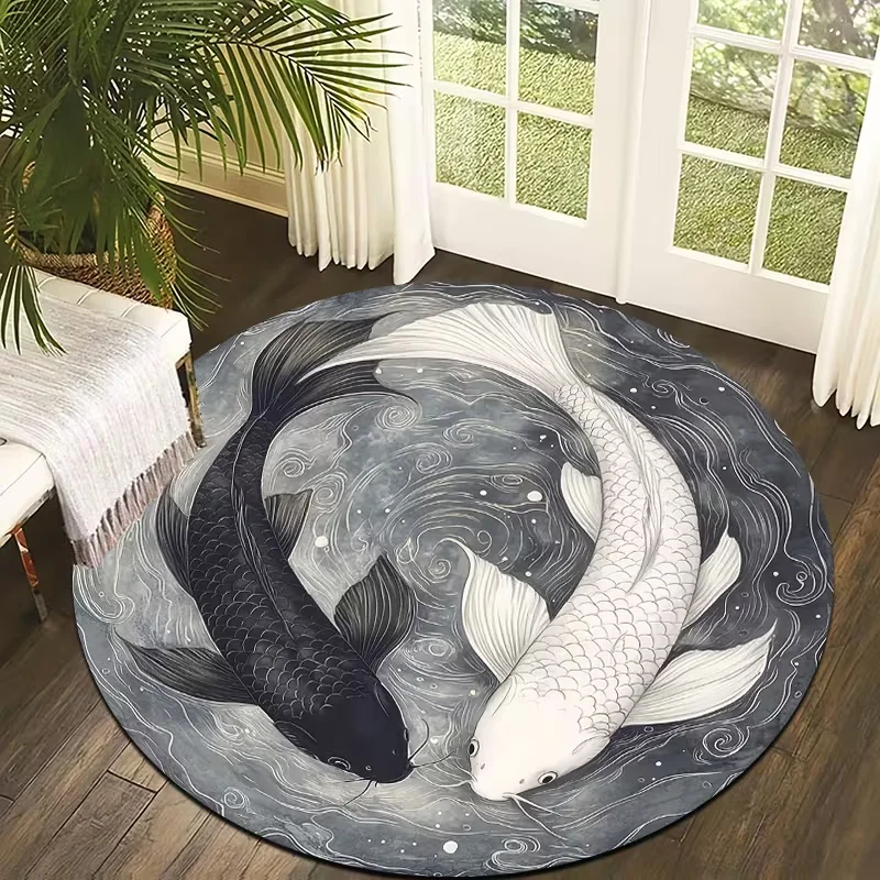 Round Yin Yang Black White Koi Fish Area Rug Traditional Chinese Ink Wave Pattern Decor Carpet For Living Room Entrance Bedroom
