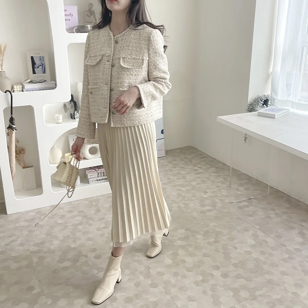 

iny Tead Trim round Ne Commute Versatile Slimming Cotton Outerwear Top Quali Sle Button ket Long Sve Color
