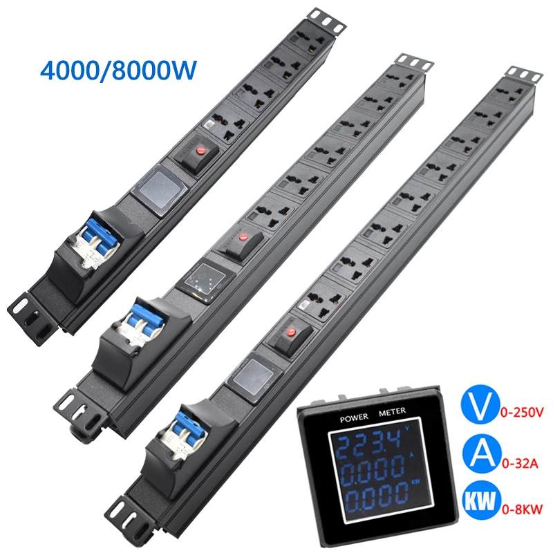 Metal Power Strip Cabinet Mount Power Distribution Unit 4000/8000W Overload Protection 2-10 Ways Outlets without Line