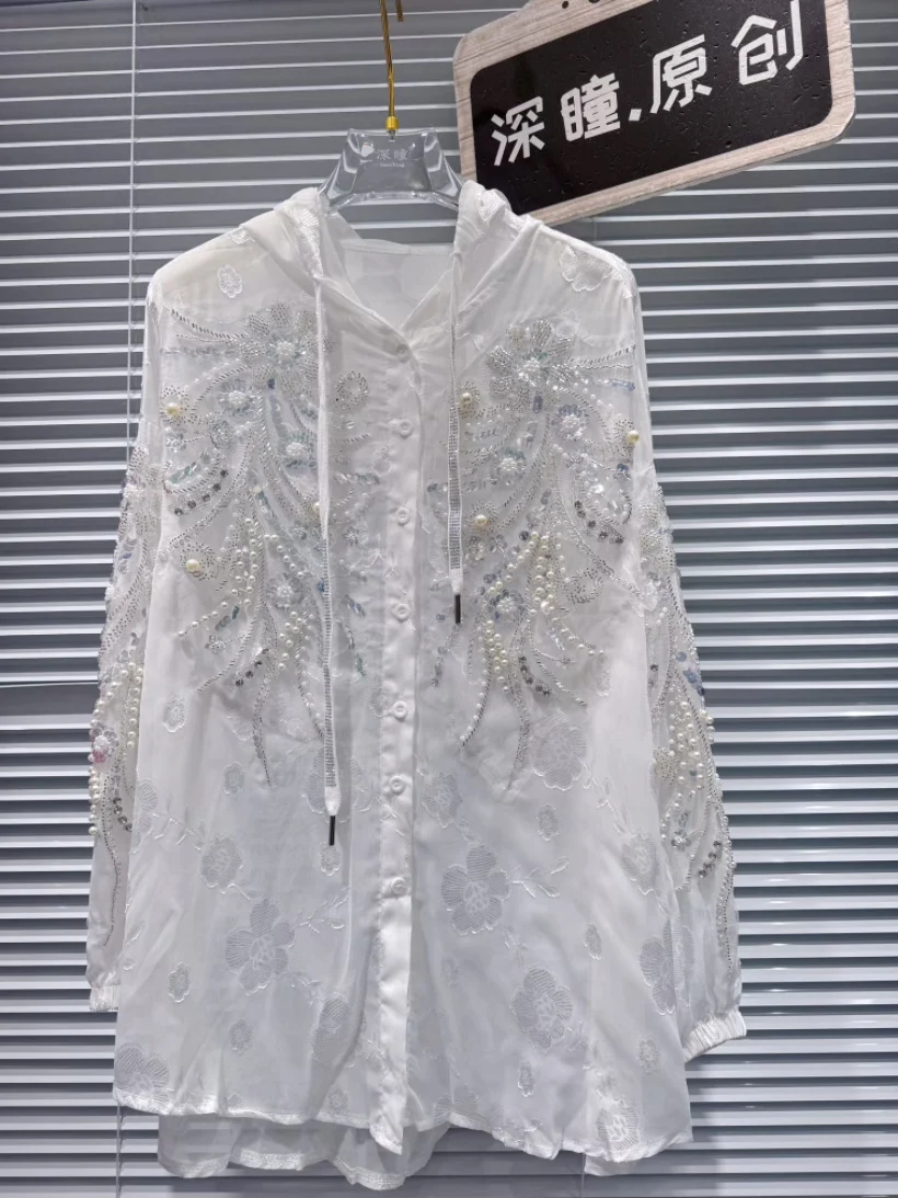 Perle di lusso Perline Ricamo Camicette di protezione solare con cappuccio oversize Camicie per le donne 2025 Primavera Estate Top Camisas De Mujer