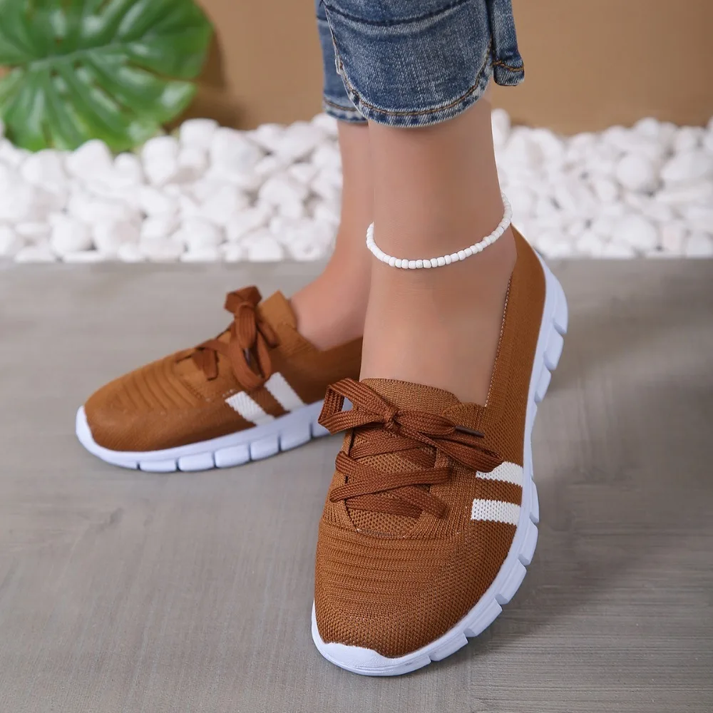 Mesh Knitted Striped Flats Shoes for Women spring Lace Up Casual Sneakers Woman Breathable Soft Sole Loafers Plus Size 43