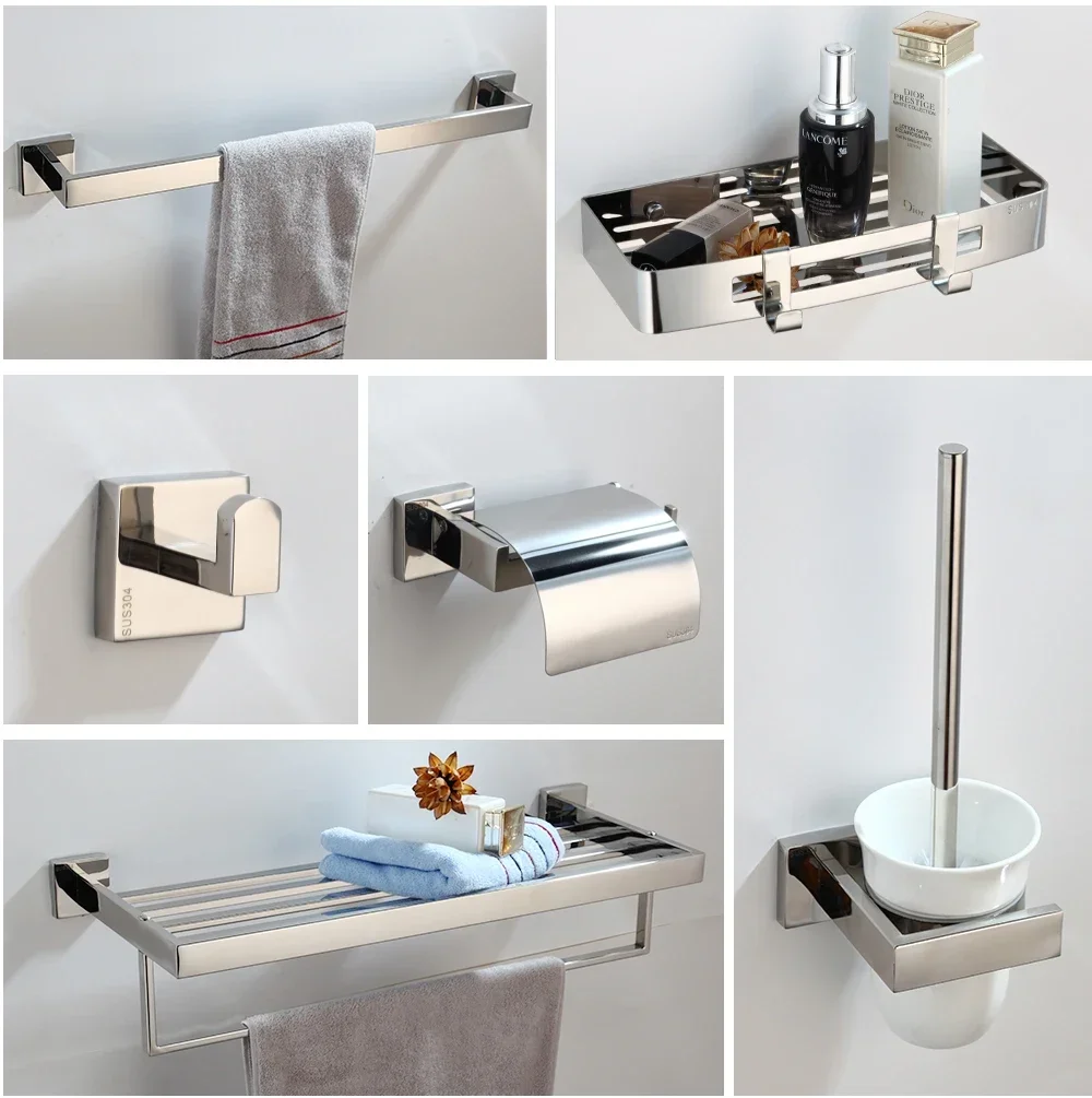 KEMAIDI Chrome Polish Bathroom Hardware Accessories Set 304 Stainless Steel Toilet Paper Toilet Brush Wall Mounted Combo Kit
