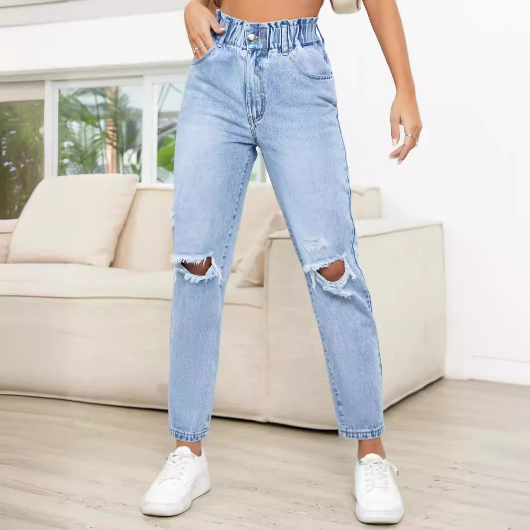 Slimming High Waist Straight Leg Jeans Women's Fashion Trendy Hole Punching Denim Long Pants Cross-Border Neutral Style No Brand