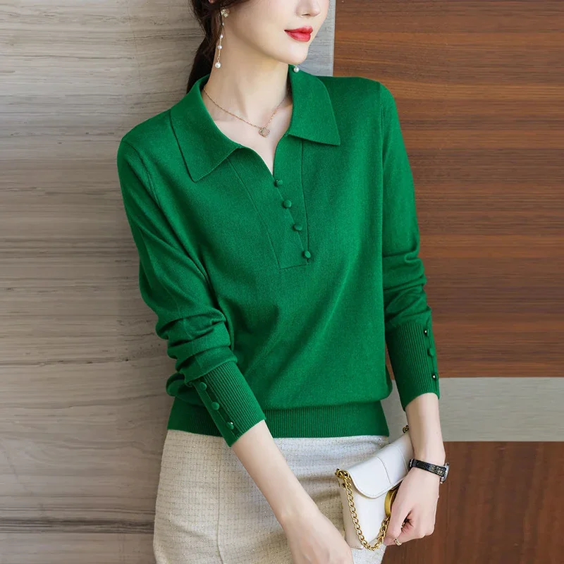 Autumn Winter Oversized Solid Simple Chic Buttons Sweater Lady Lapel Casual Fashion All-match Knitted Pullover Top F66