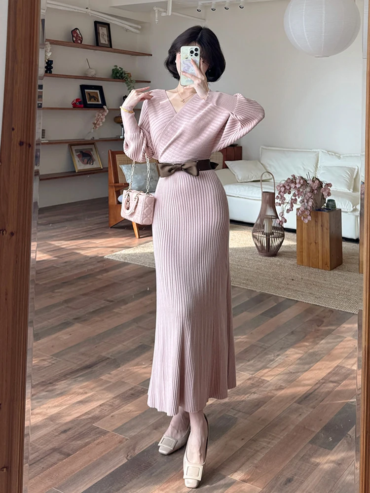 

Pure Desire Sexy Knitted Long Dr Women's Autumn Winter V-Ne Bodycon Slimming Wrap around Waist Design Faionable Dr