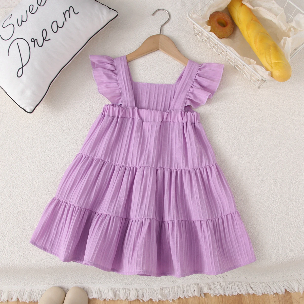 Summer Style Children Clothing Flying Sleeve Solid Color Pleated Princess Cake Dress Girls Costume