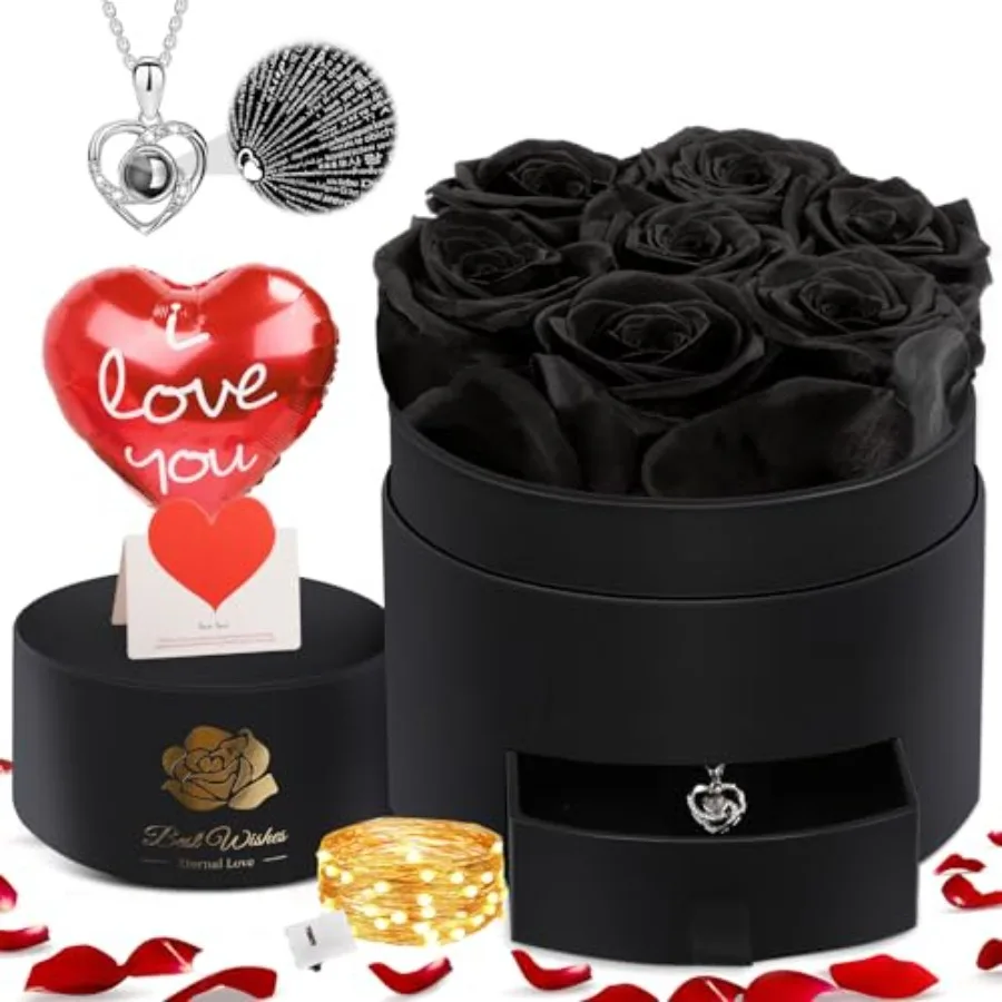 Preserved Flowers in a Box with Necklace Mothers Day Gifts for Her Flower for Delivery Prime That Last 3-5 Years Forever Black