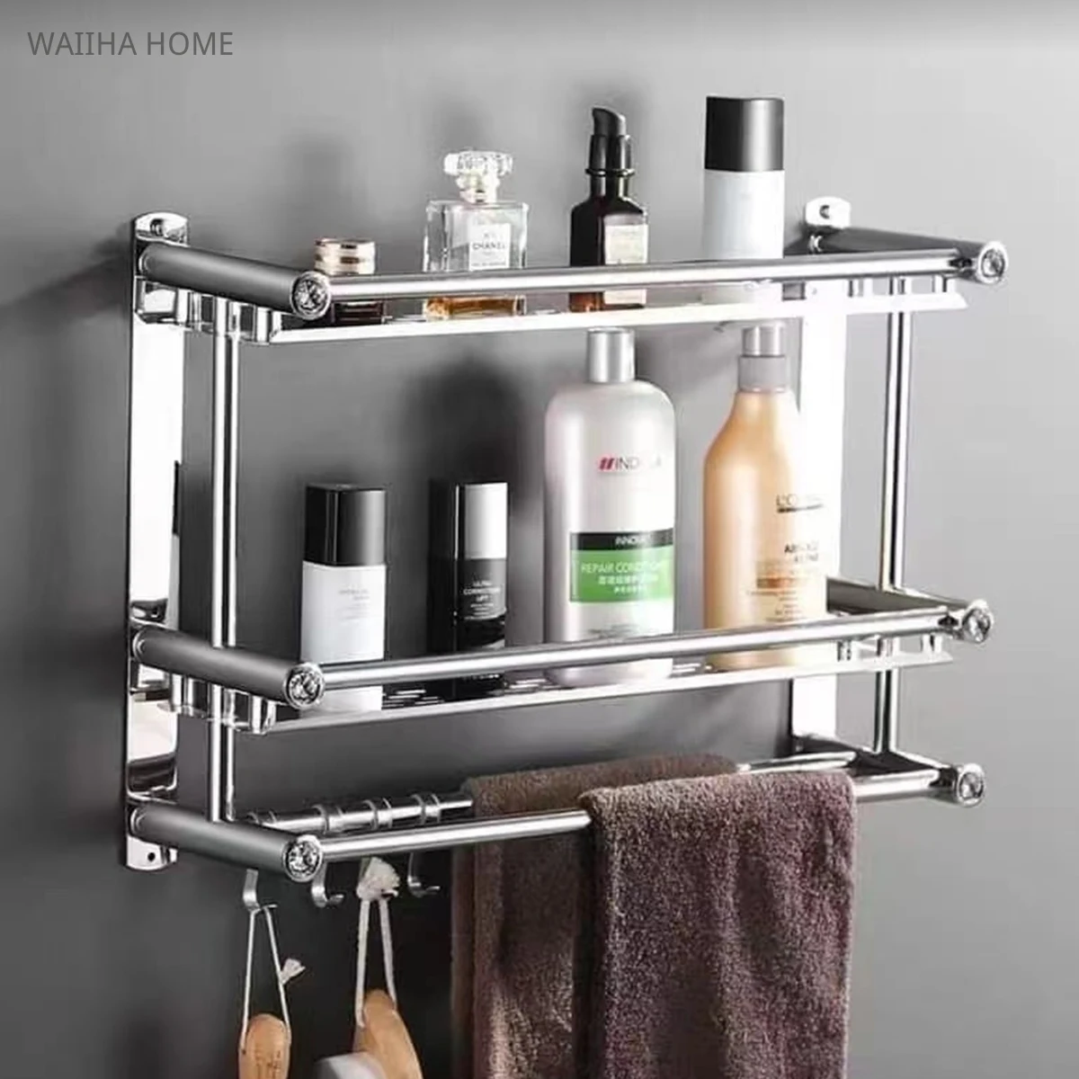 

2-Tier Bathroom Shelf with Towel Bar Hanging Rack Durable Stainless Steel Wall-Mounted Storage Hanger Stand Rack with Hooks