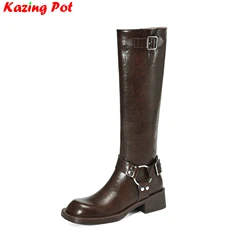 Krazing Pot Fashion Cow Leather Med Heels Modern Riding Boots Brand Winter Warm Shoes Vintage Belt Buckle Women Thigh High Boots