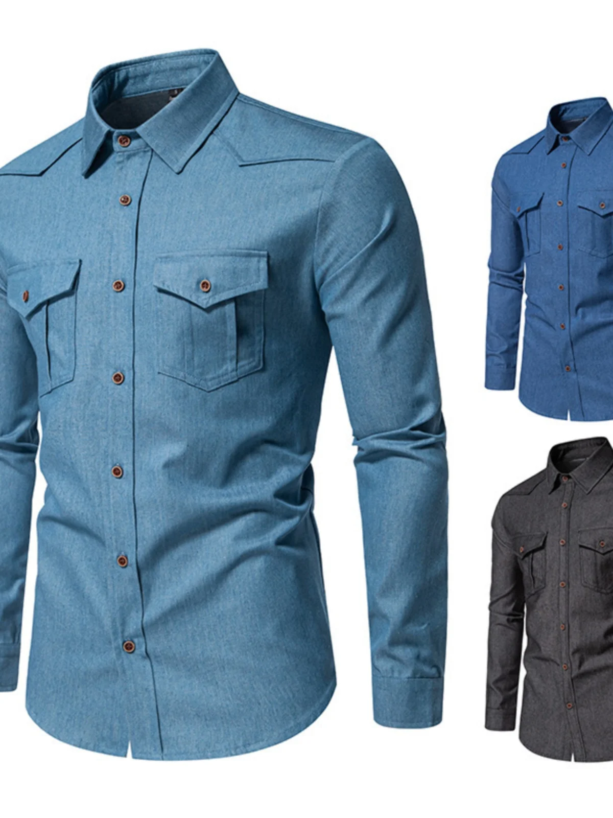 

Men's Casual Style Long Sleeve Denim Shirt Double Pocket Turn-down Collar Autumn Winter Fashionable Standard Fit Youth Clothing