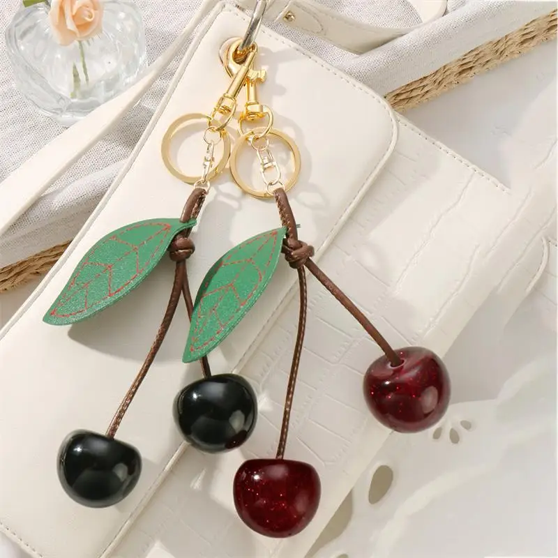 

Sweet Cool Leather Leaf Cherry Mobile Phone Chain Keychain Pendant Keyring Bag Hanging Ornament Girl Fashion Backpack Charm Gift