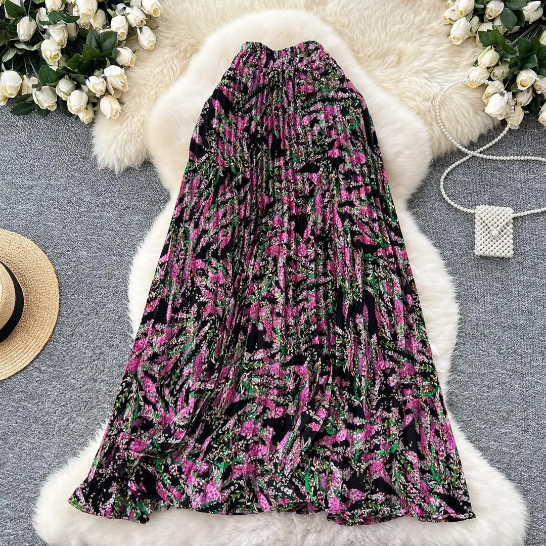 Long Skirts Women Skirt A Line Slim Streetwear Print Floral Pleated Casual Elegant Chiffon Y2k Temperament Maxi Summer 2025