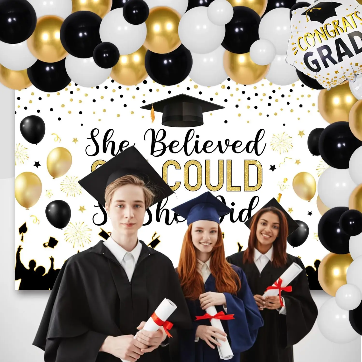 74 Pcs She Believed She Could so She Did Party Decor Banner Photo Booth Props Background Class of 2024 Graduation Supplies