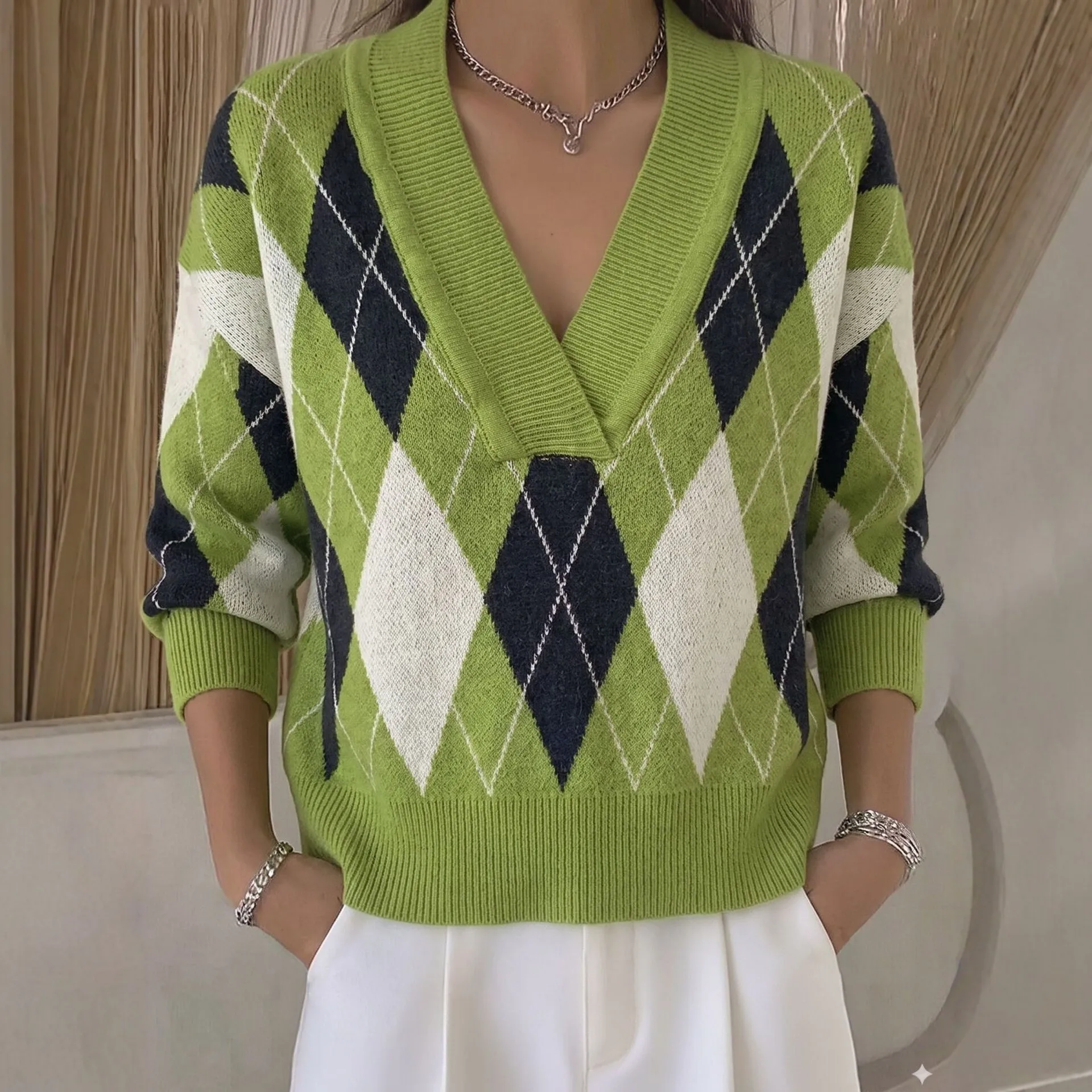 Chic Rhombus Checked V-neck Sweater Jumpers Women's Loose Knitted Sweater Autumn and Winter Green Jumper Top Y2K Pullovers