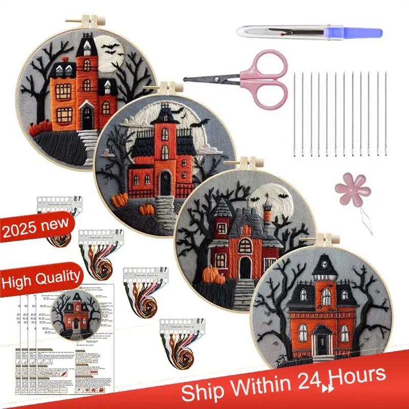 

Набор для вышивания Хэллоуина, 4 шт.: Для начинающих Хэллоуинский замок, осенняя тыква и черное дерево, летучая мышь, дизайн вышивки крестиком ~ жут.
