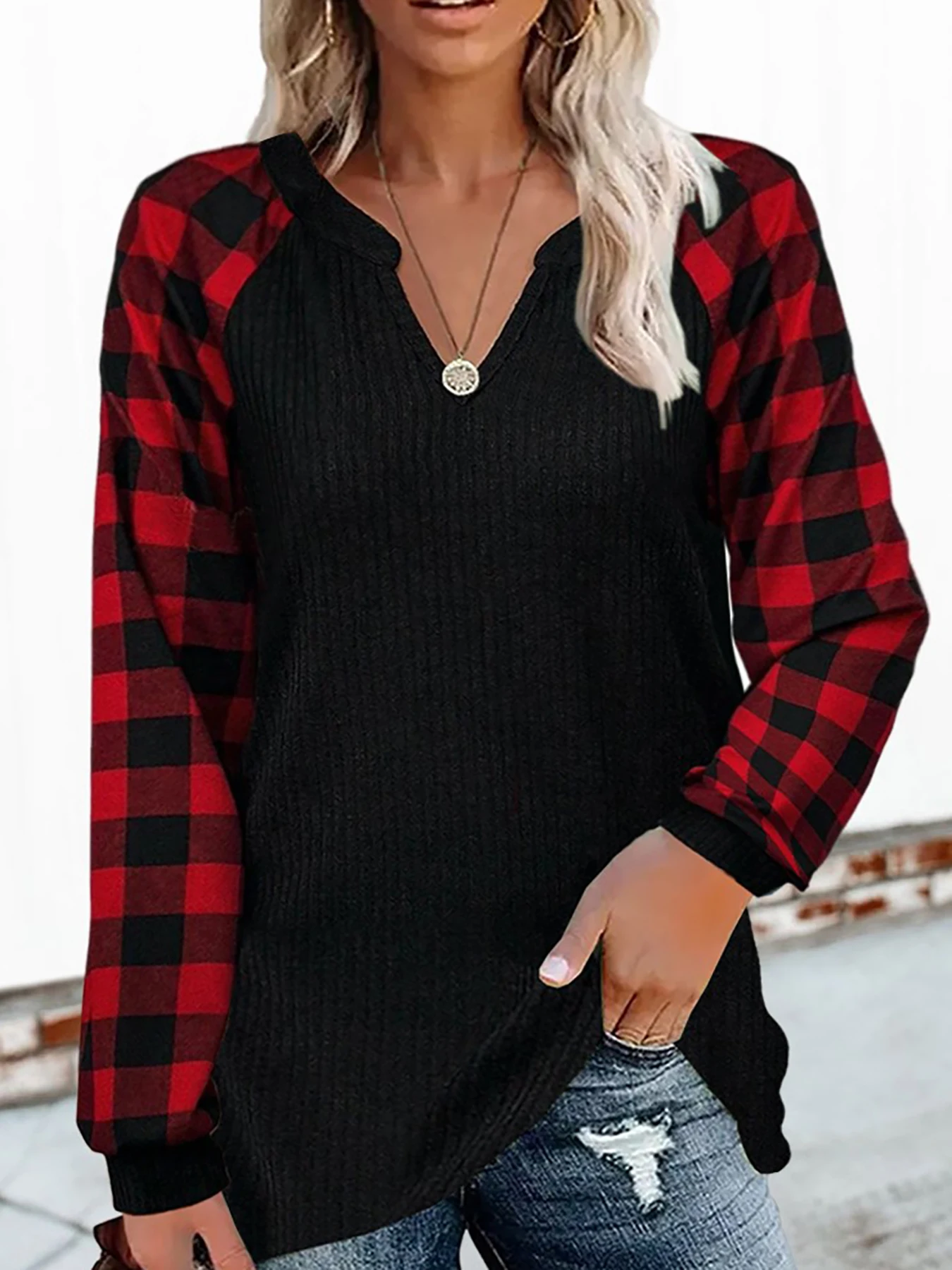 Women Fashion Plaid Printed Full Long Sleeve Tee Shirts Casual V Neck Knitted Tops Ladies Basic Spirng Tee Shhirt