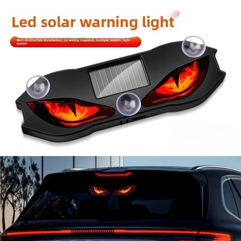 Solar Powered Car Devil Eyes LED Warning Light, Suction Cup Mount Dynamic Demon Eye Light, No Wiring Auto Rear Window Decor Lamp