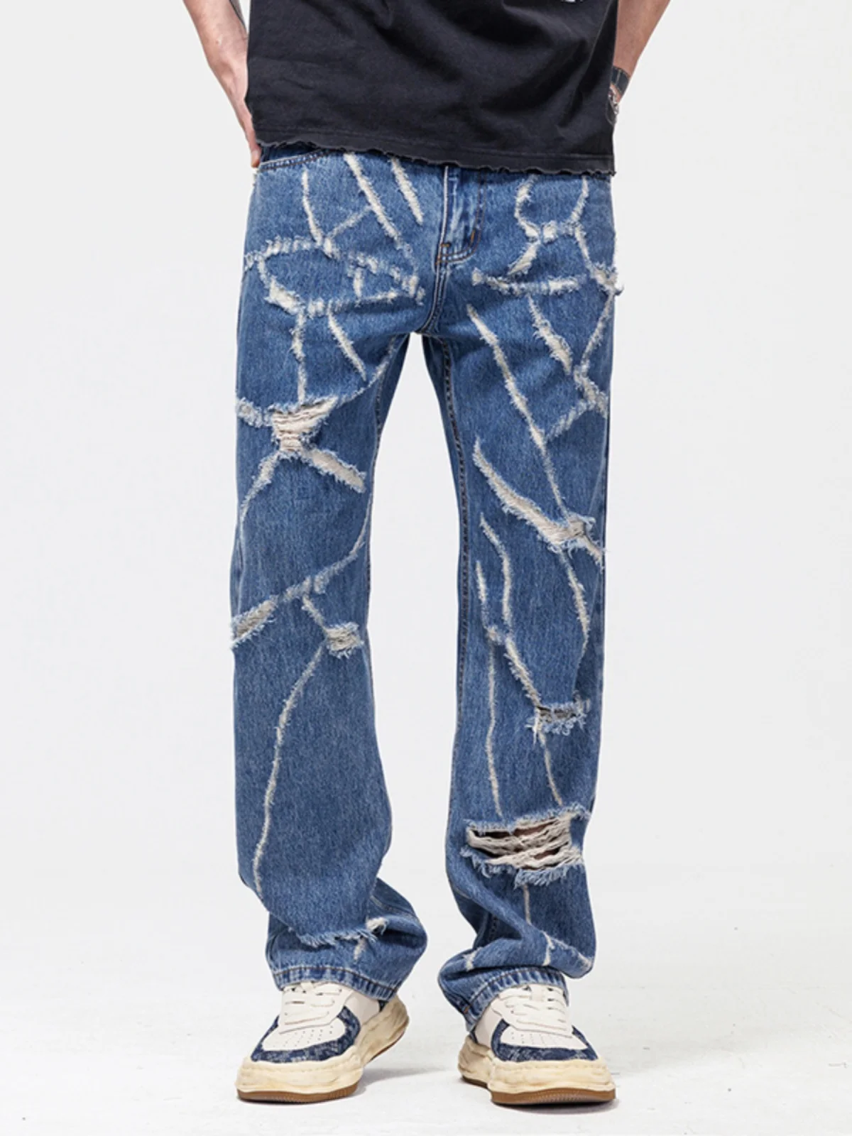 

High Street Men's Ripped Denim Jeans Casual Wide Leg Blue Spring Autumn Loose Straight Cut Trousers Youth Faion Wear