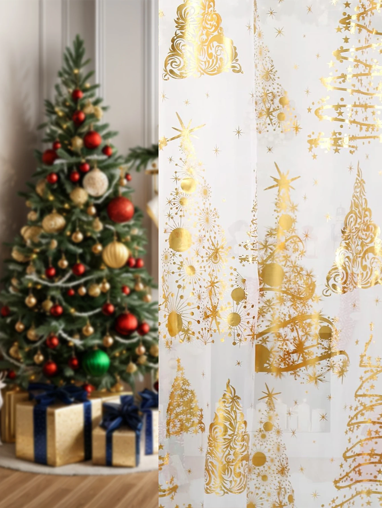 1pc Magical Christmas Tree Print Curtains with Gold Foil for Home Decor, Rod Pocket Curtain for Living Room, Bedroom