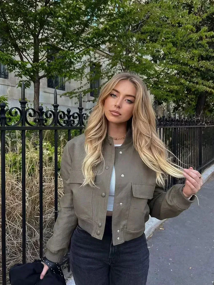 SIYANG Women Fashion With Pockets Bomber Jacket Coats Vintage Long Sleeve Front Button Casual Female Outerwear Chic Tops