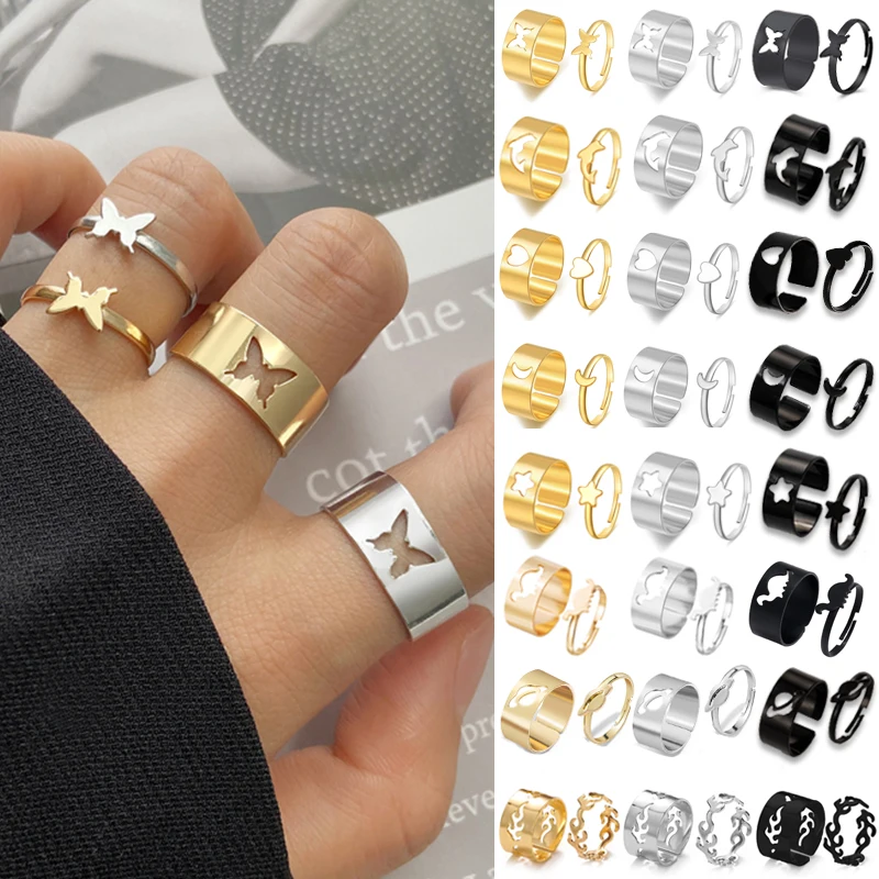 LATS Vintage Simple Animal Butterlfly Star Moon Heart Flame Open Rings for Women Girls Gothic Jewelry Punk Black Couple Ring Set