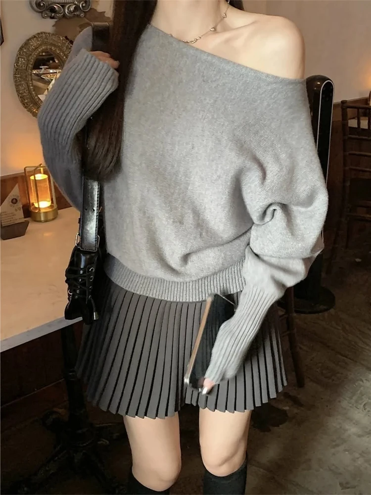 موضة الصلبة قبالة الكتف بلوفر مغزول المرأة عادية قارب الرقبة طويلة الأكمام فضفاضة البلوفرات سيدة الخريف تخفيف الشارع ارتداء