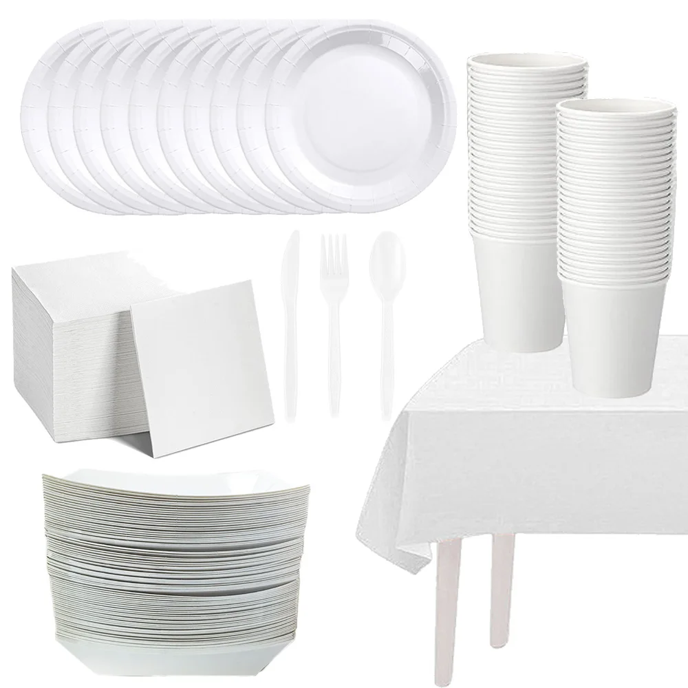 الصلبة الأبيض لوازم الحفلات أدوات المائدة القابل للتصرف أطباق عشاء صينية طعام المناديل كوب مفرش المائدة عيد ميلاد الزفاف استحمام الطفل ديكو #1