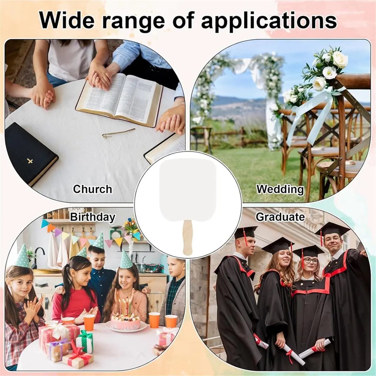 

Набор из 50 ручных вееров для церкви, 50 пустых вееров из картона с 50 волнистыми деревянными палочками, бумажные вееры для рук