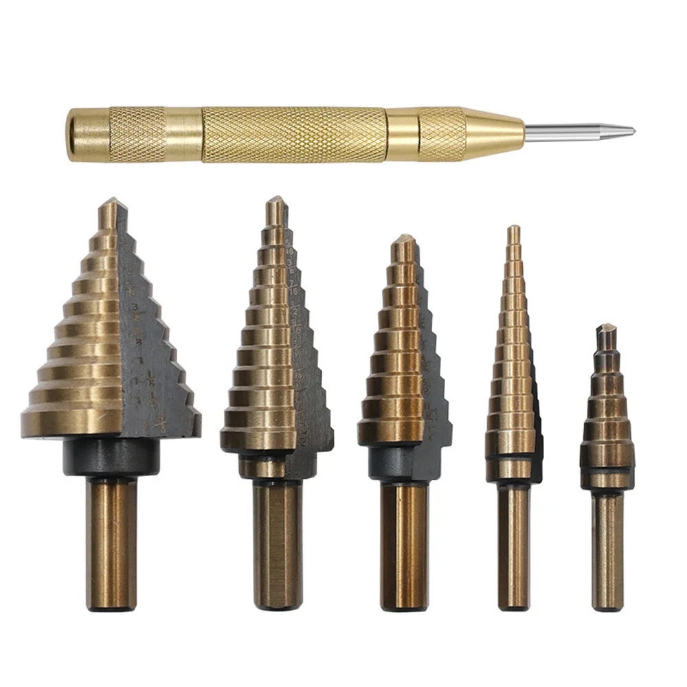 

5pcs Step Drill Bit Set Titanium Coated HSS High Speed Steel Drill Bits Set for Multiple Hole Cutter Automatic Center Punch