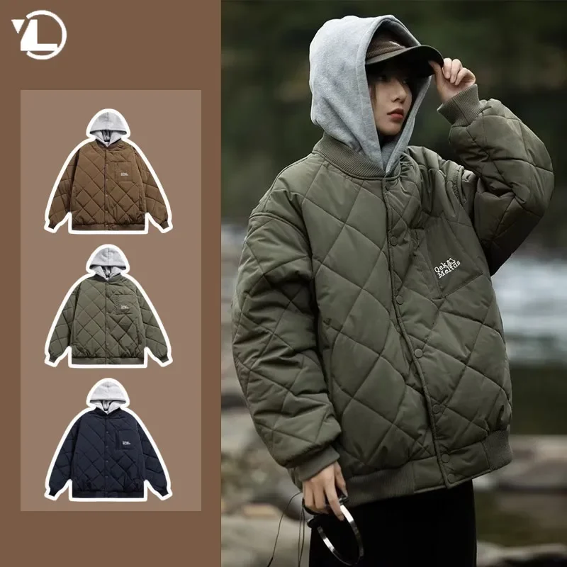 Winter Diamond Plaid Hooded Men Jacket Unisex Harajuku Thickened Warm Cotton-padded Clothes College Letter Loose Male Parkas