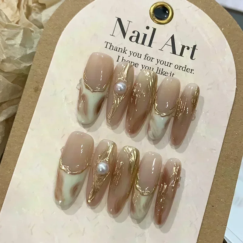 

10Pcs French Tip Press on Nails Almond Coffin Fake Nails Gradient Diamond Pearl False Nails Elegant Gentle Nails Art for Girls