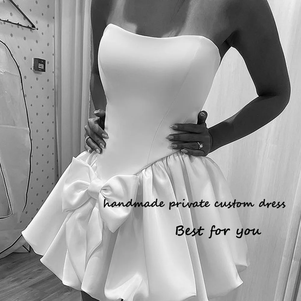 

White Satin Short Wedding Party Dresses with Bow Strapless Bridal Gowns Sexy Mini Beach Bridesmaid Dress Lace Up Back