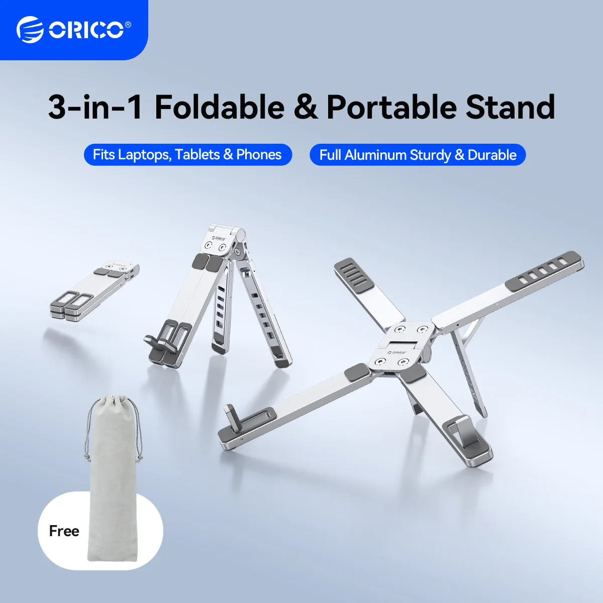ORICO – support portable 3 en 1 en aluminium pour ordinateur portable, Macbook Air Pro, pliable, pour tablette, téléphone, sac gratuit